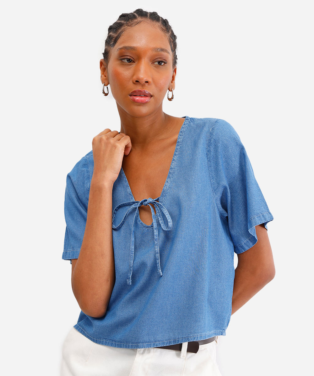 blusa feminina jeans com amarração azul