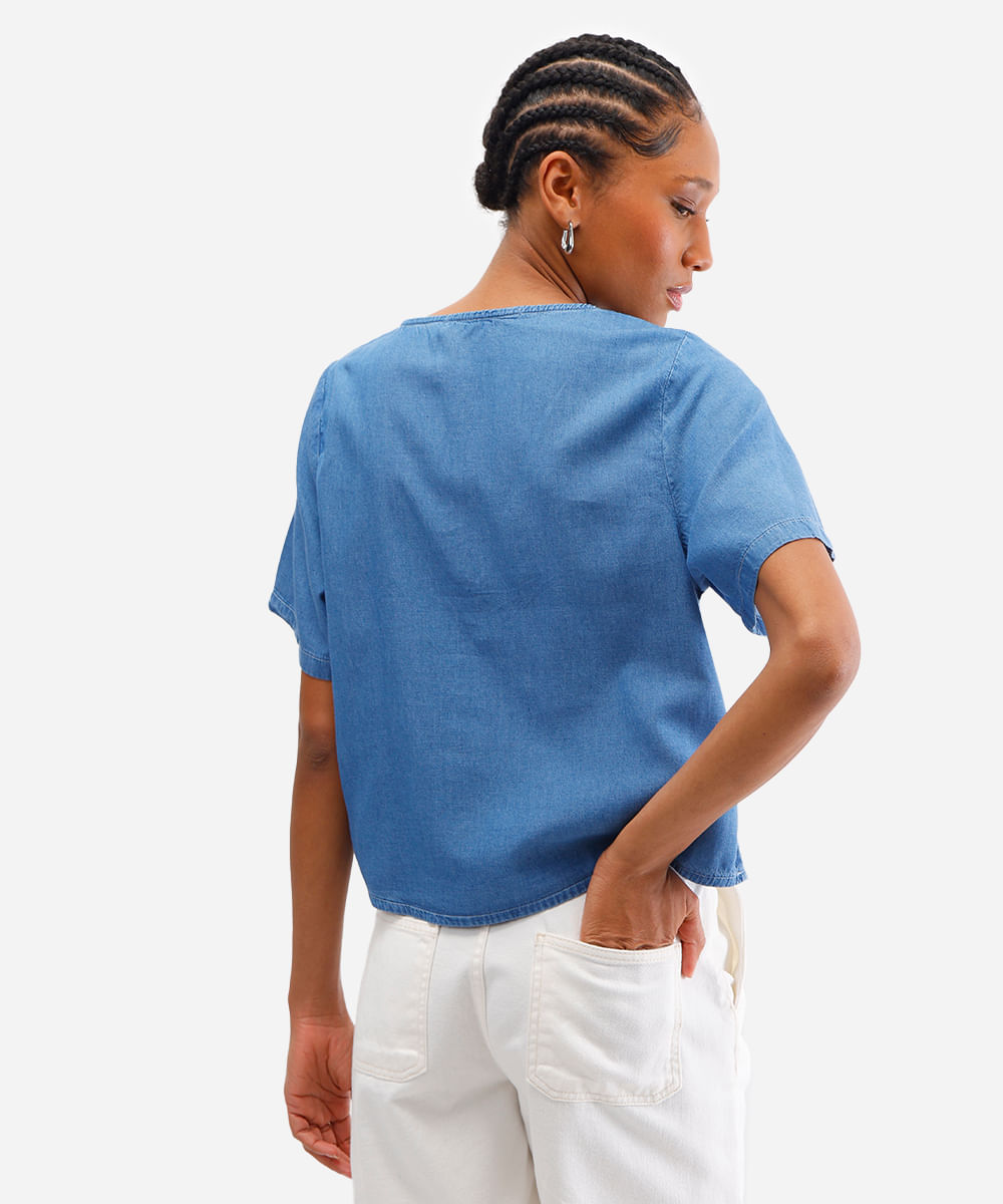 blusa feminina jeans com amarração azul