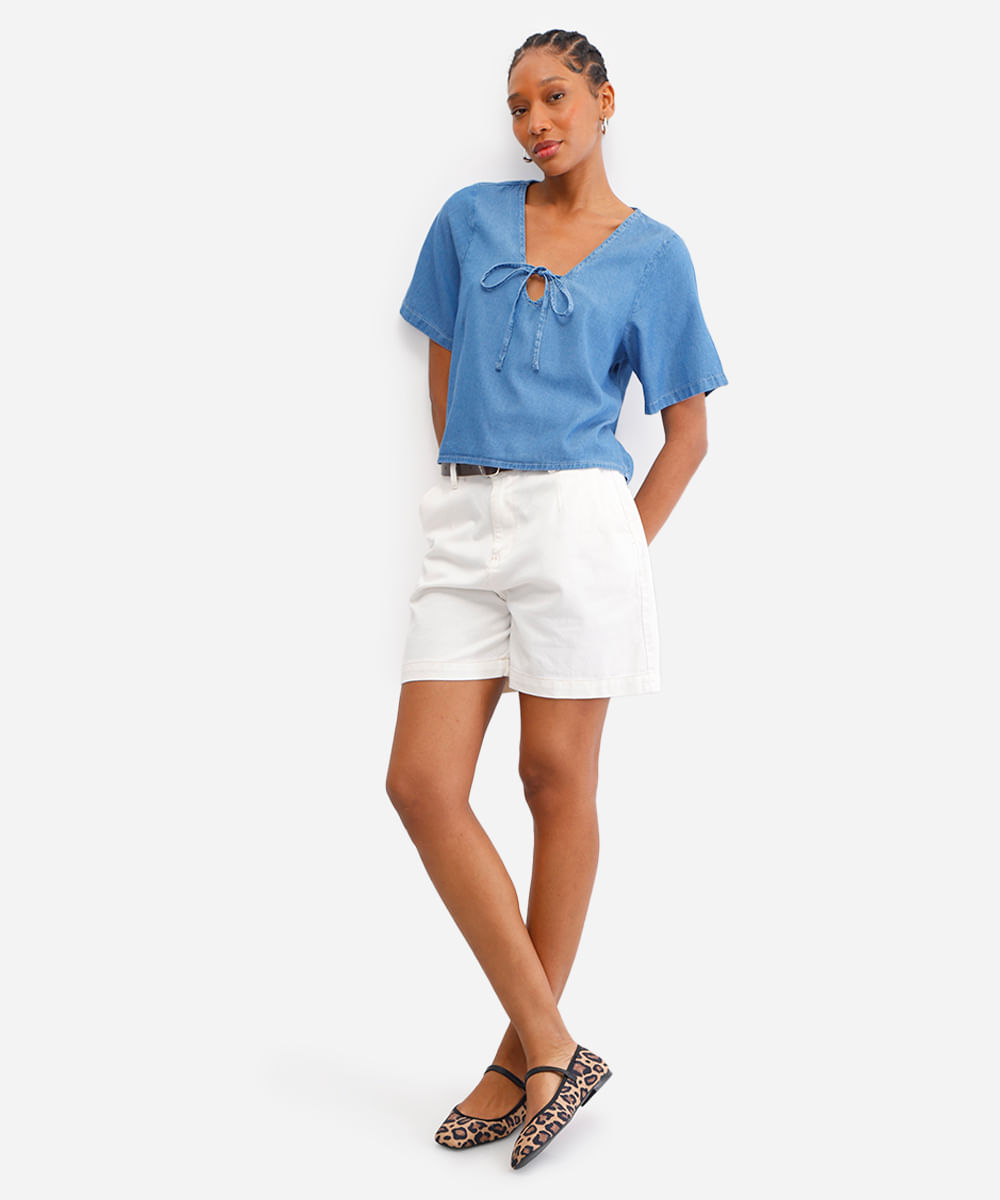 blusa feminina jeans com amarração azul