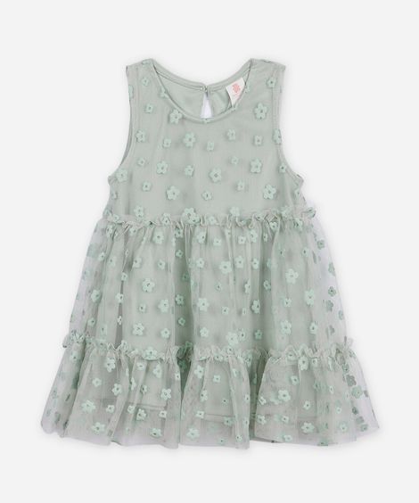 vestido de tule infantil floral com brilho verde