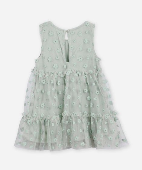 vestido de tule infantil floral com brilho verde