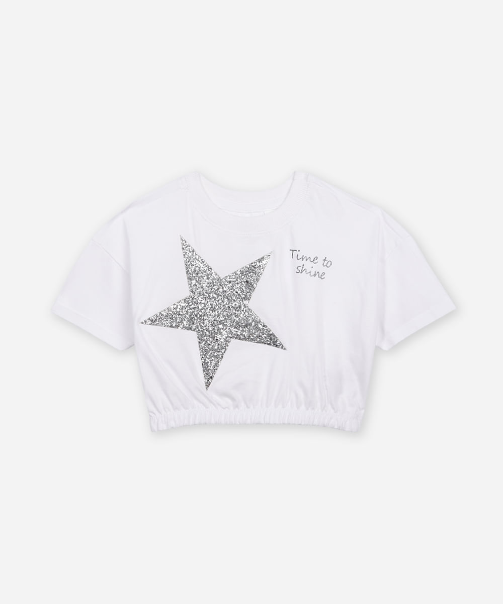 camiseta de algodão infantil estrela metalizada off white