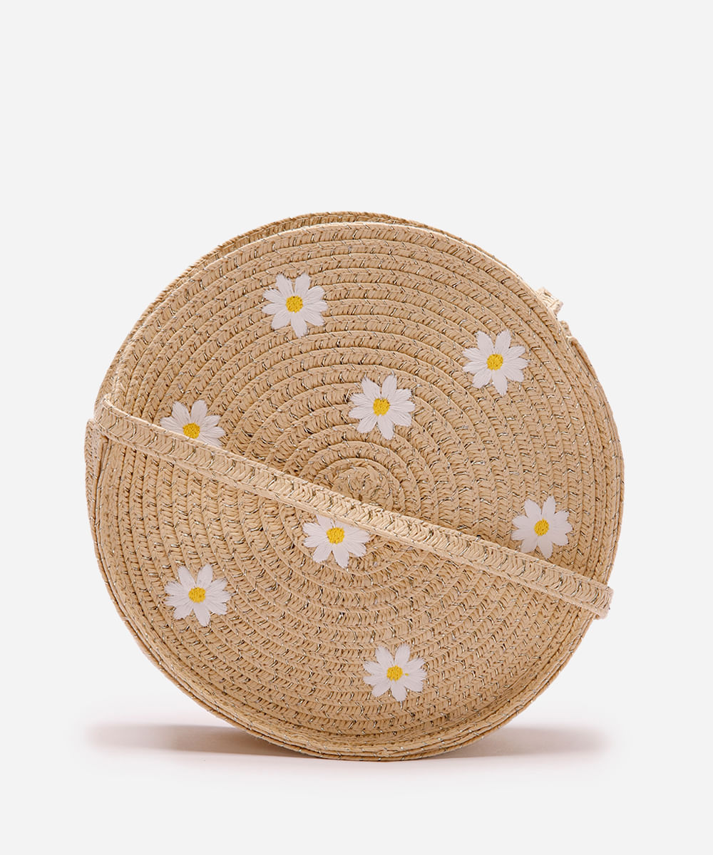 bolsa infantil de palha floral bege