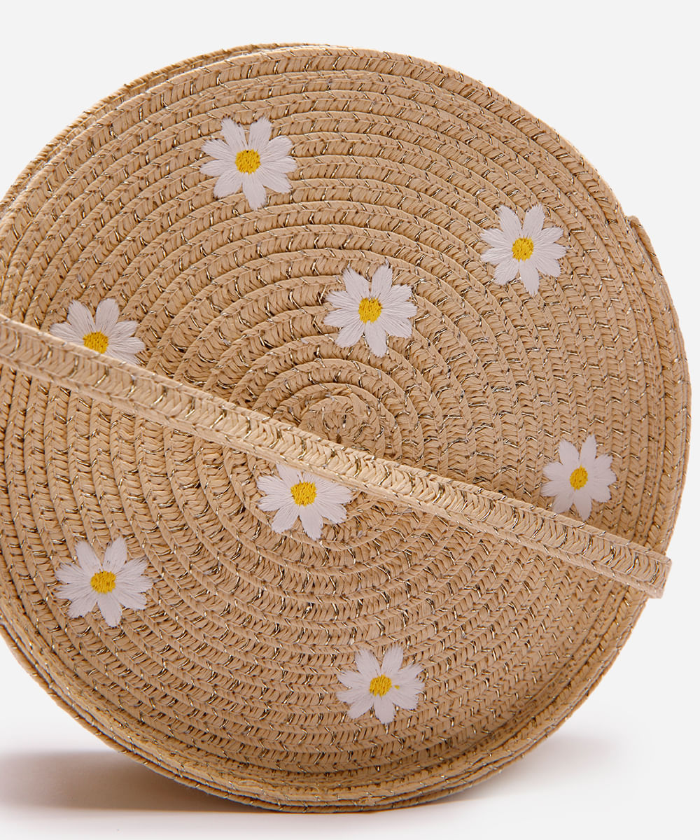 bolsa infantil de palha floral bege