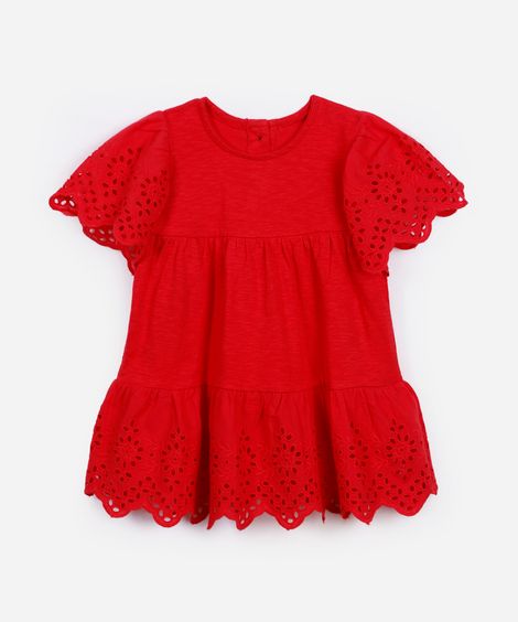 vestido de algodão infantil com laise floral vermelho