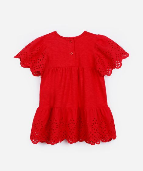 vestido de algodão infantil com laise floral vermelho