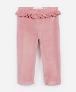 calça reta infantil de pelúcia com babado rosa