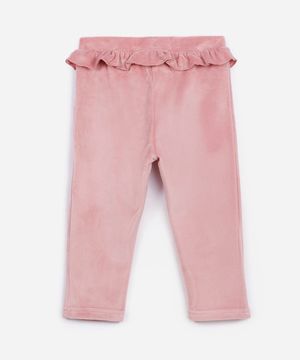 calça reta infantil de pelúcia com babado rosa