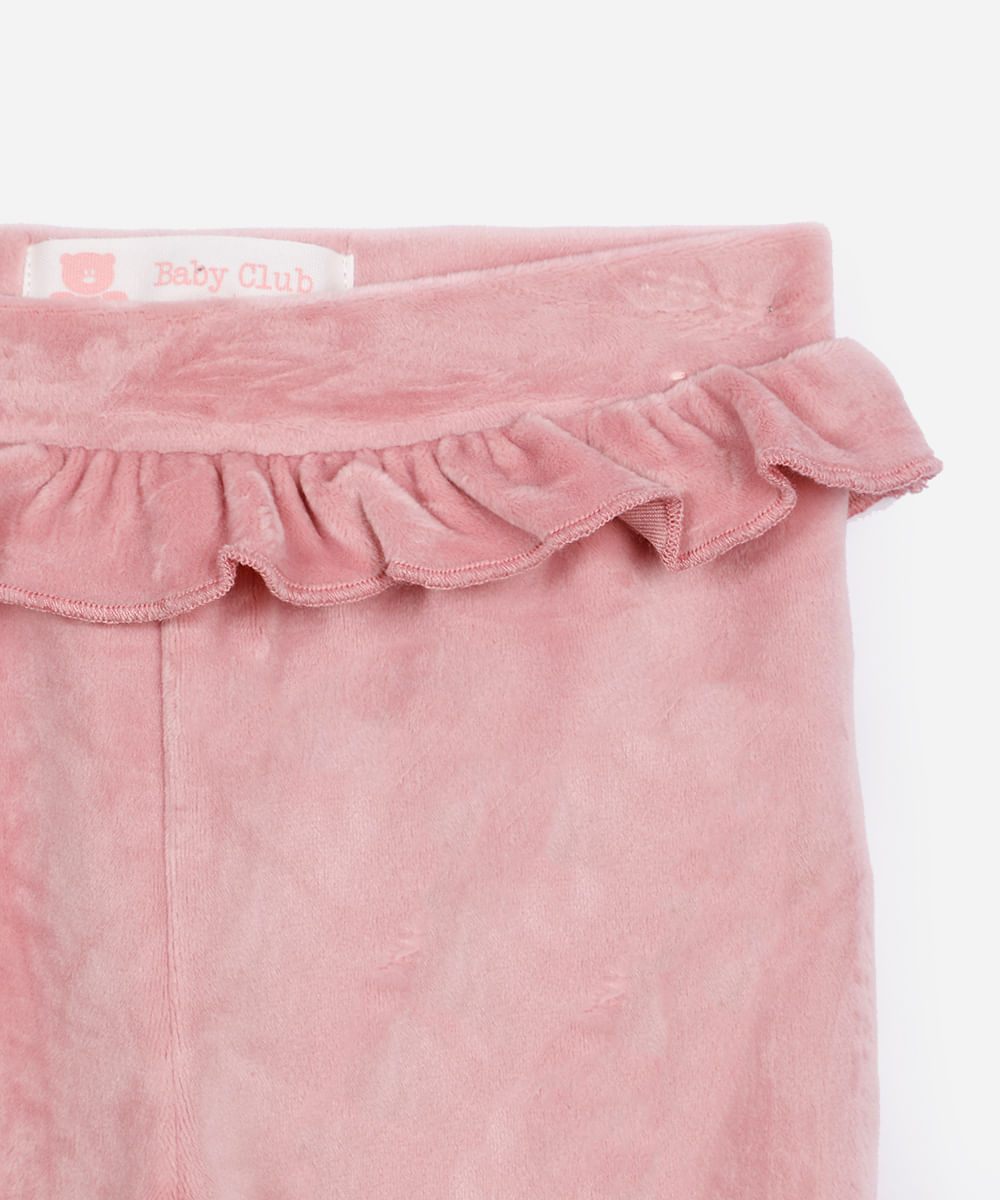 calça reta infantil de pelúcia com babado rosa