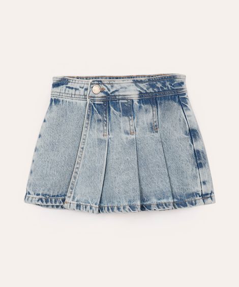 short saia infantil jeans plissado transpassado azul
