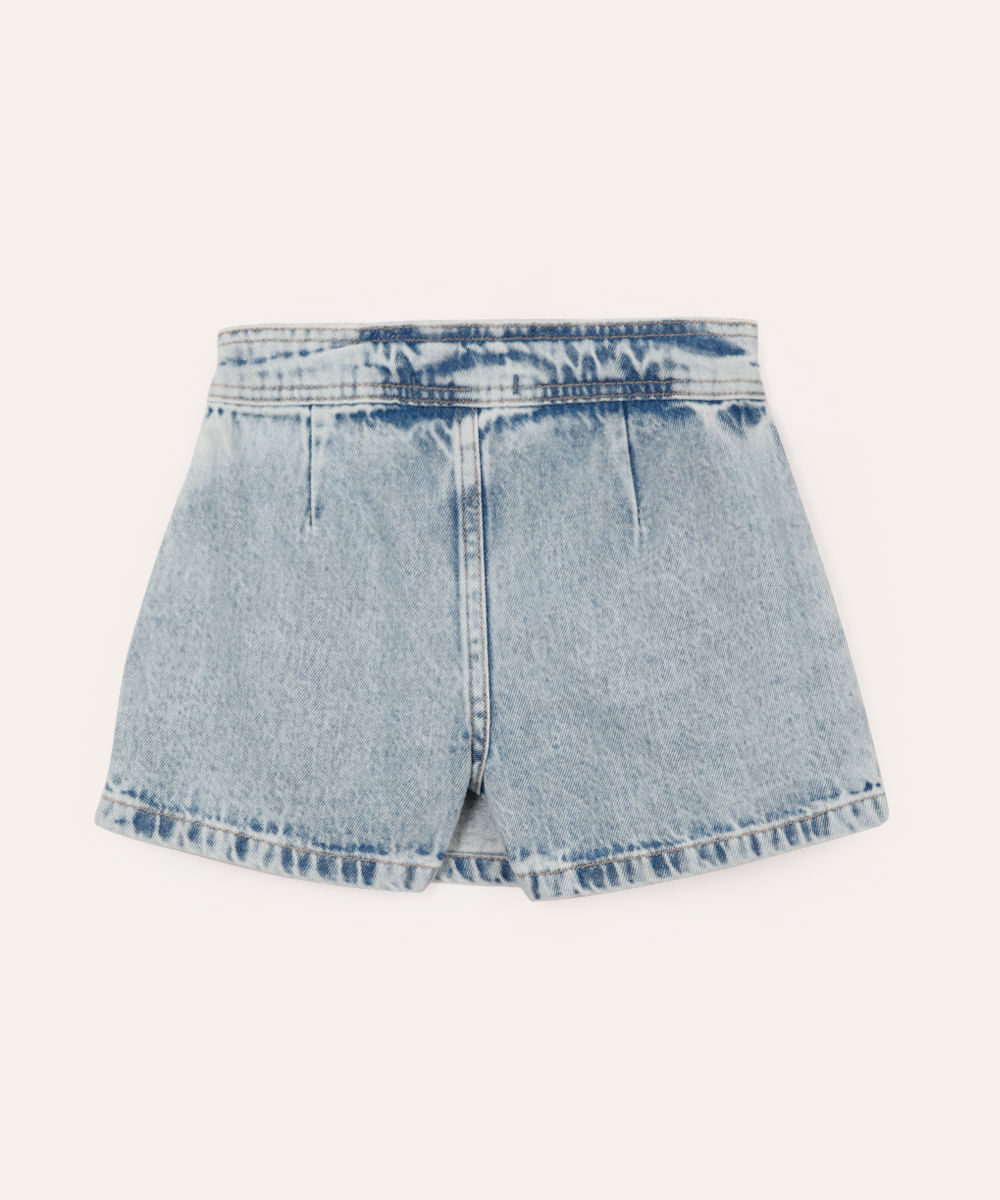 short saia infantil jeans plissado transpassado azul
