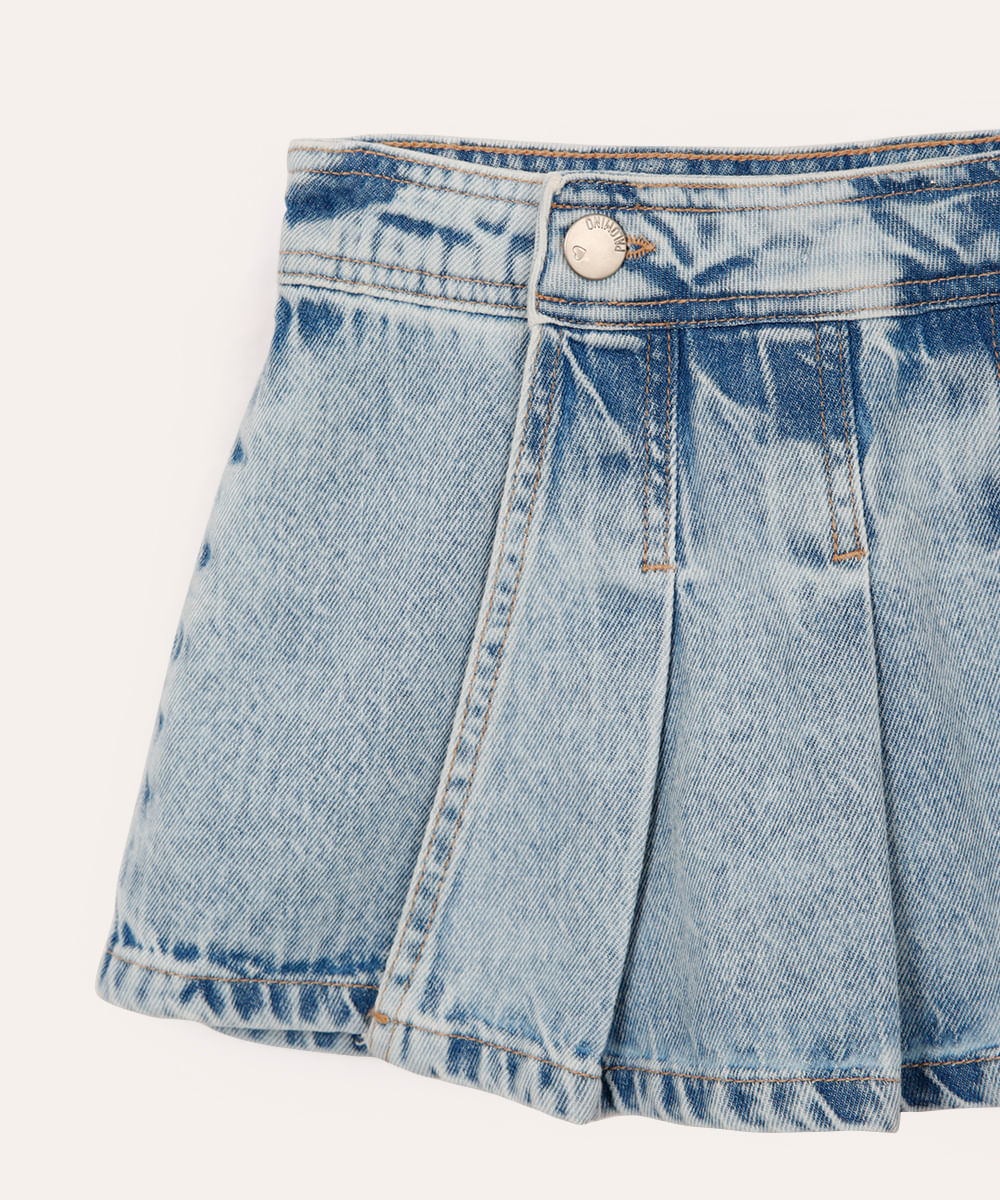 short saia infantil jeans plissado transpassado azul