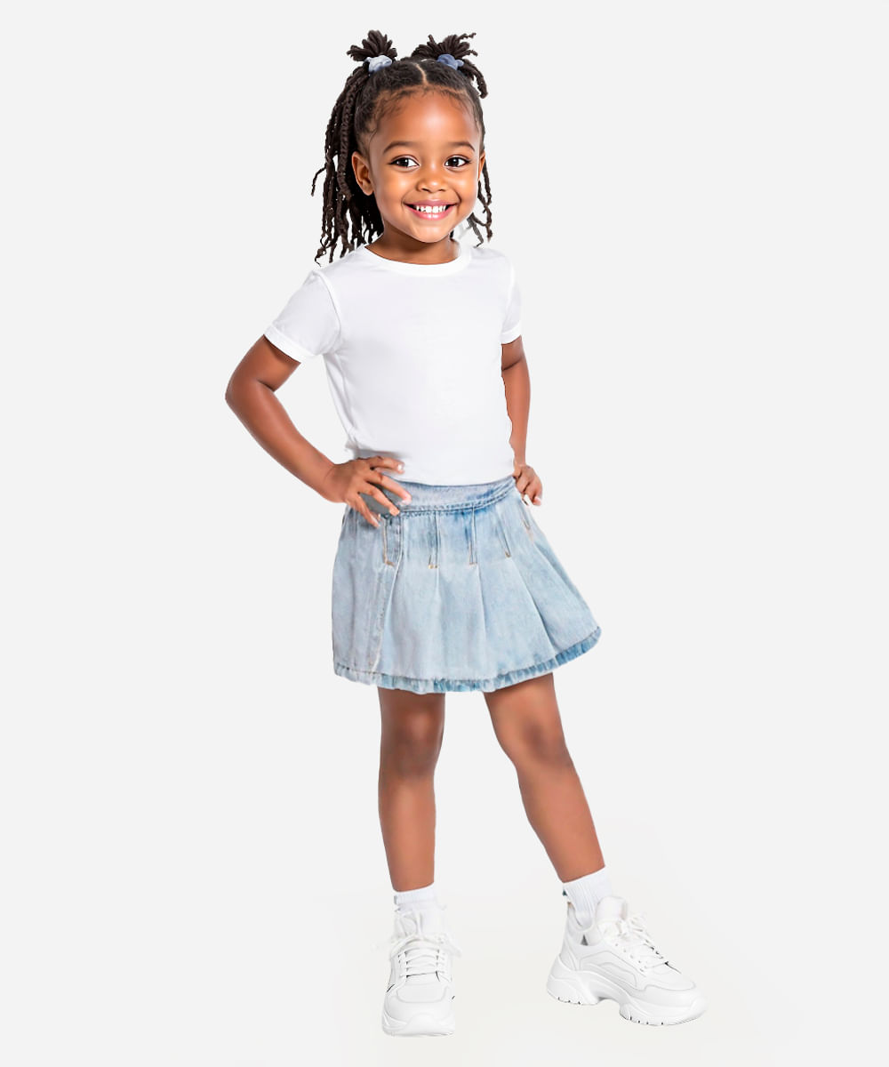 short saia infantil jeans plissado transpassado azul