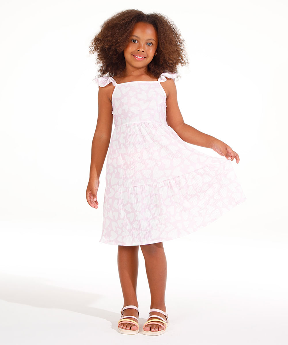 vestido infantil corações alça babados rosa