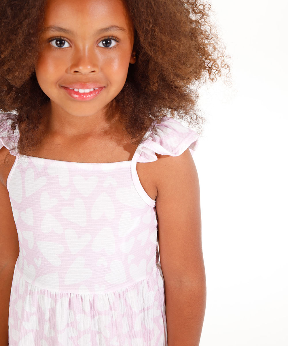 vestido infantil corações alça babados rosa