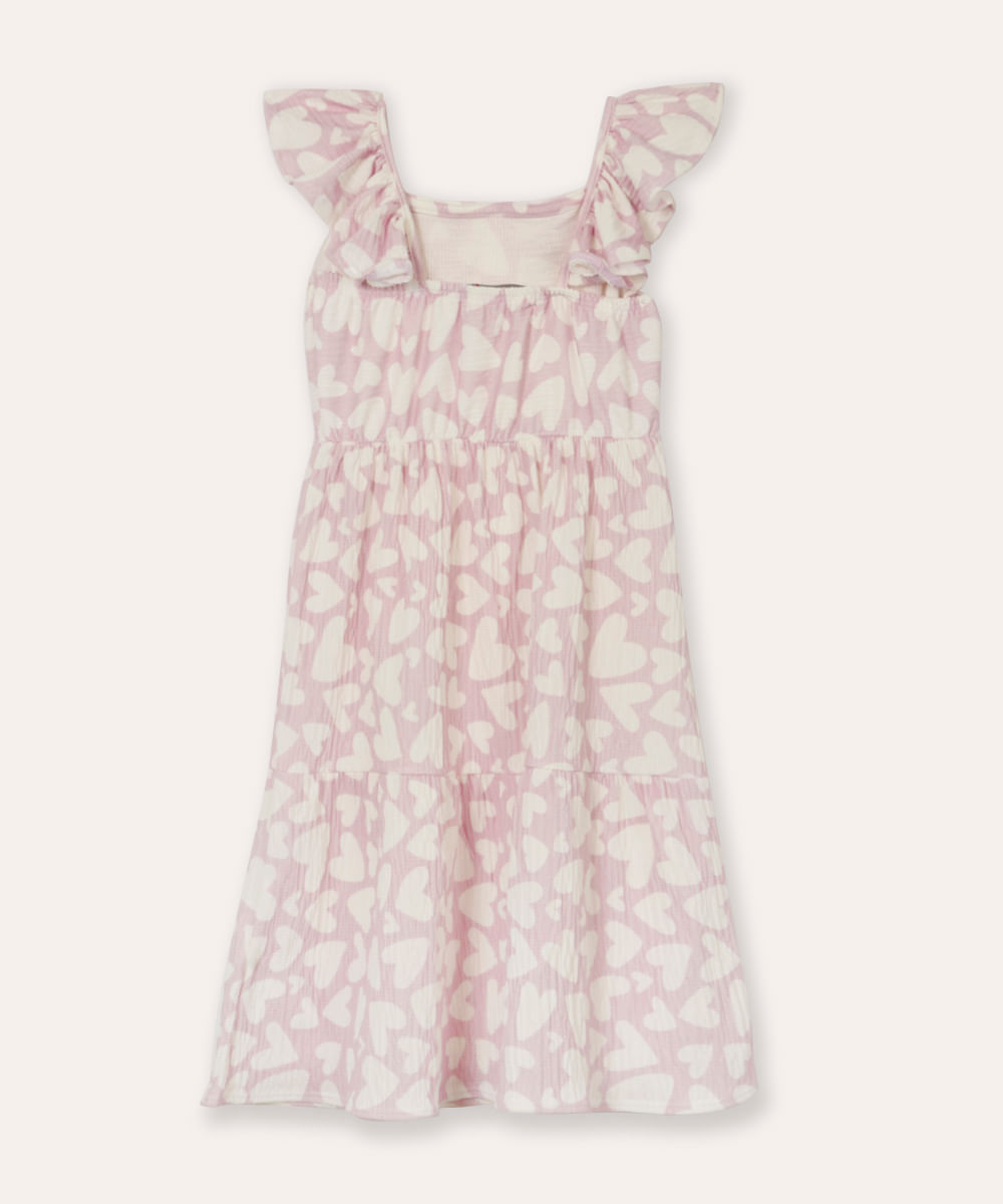 vestido infantil corações alça babados rosa