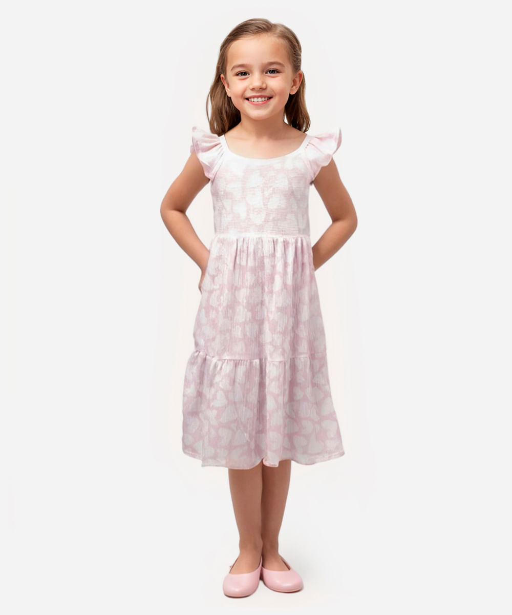 vestido infantil corações alça babados rosa