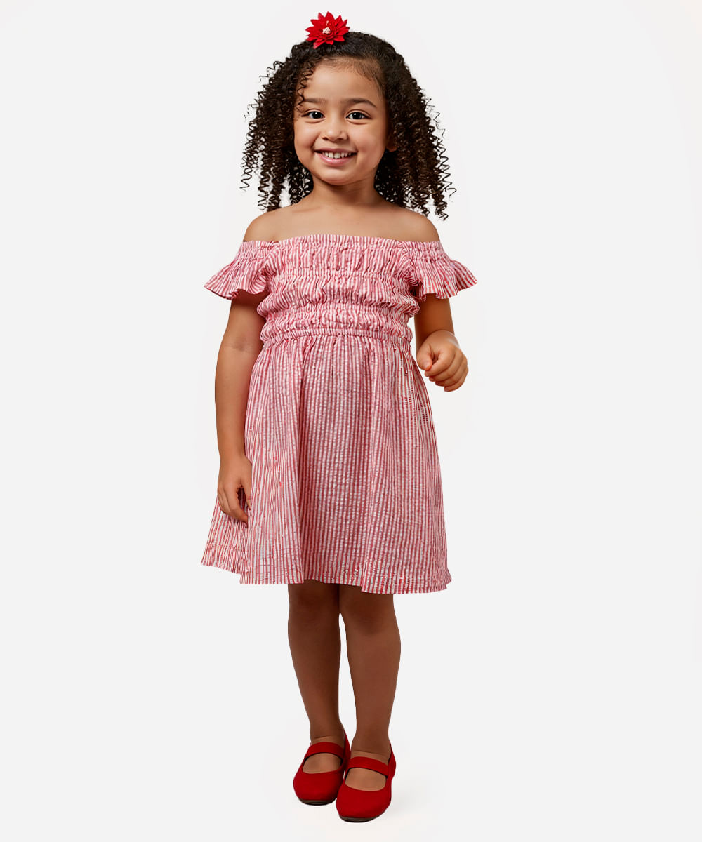 vestido midi infantil listrado vermelho