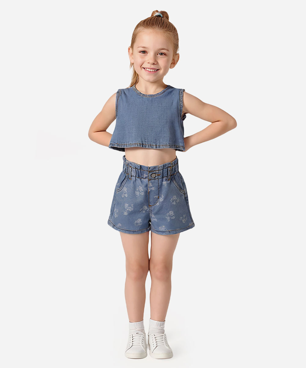 short clochard jeans infantil cós com elástico floral azul