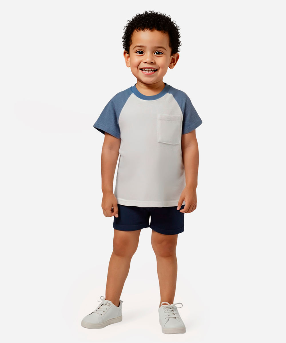 camiseta de algodão infantil manga raglan bicolor azul