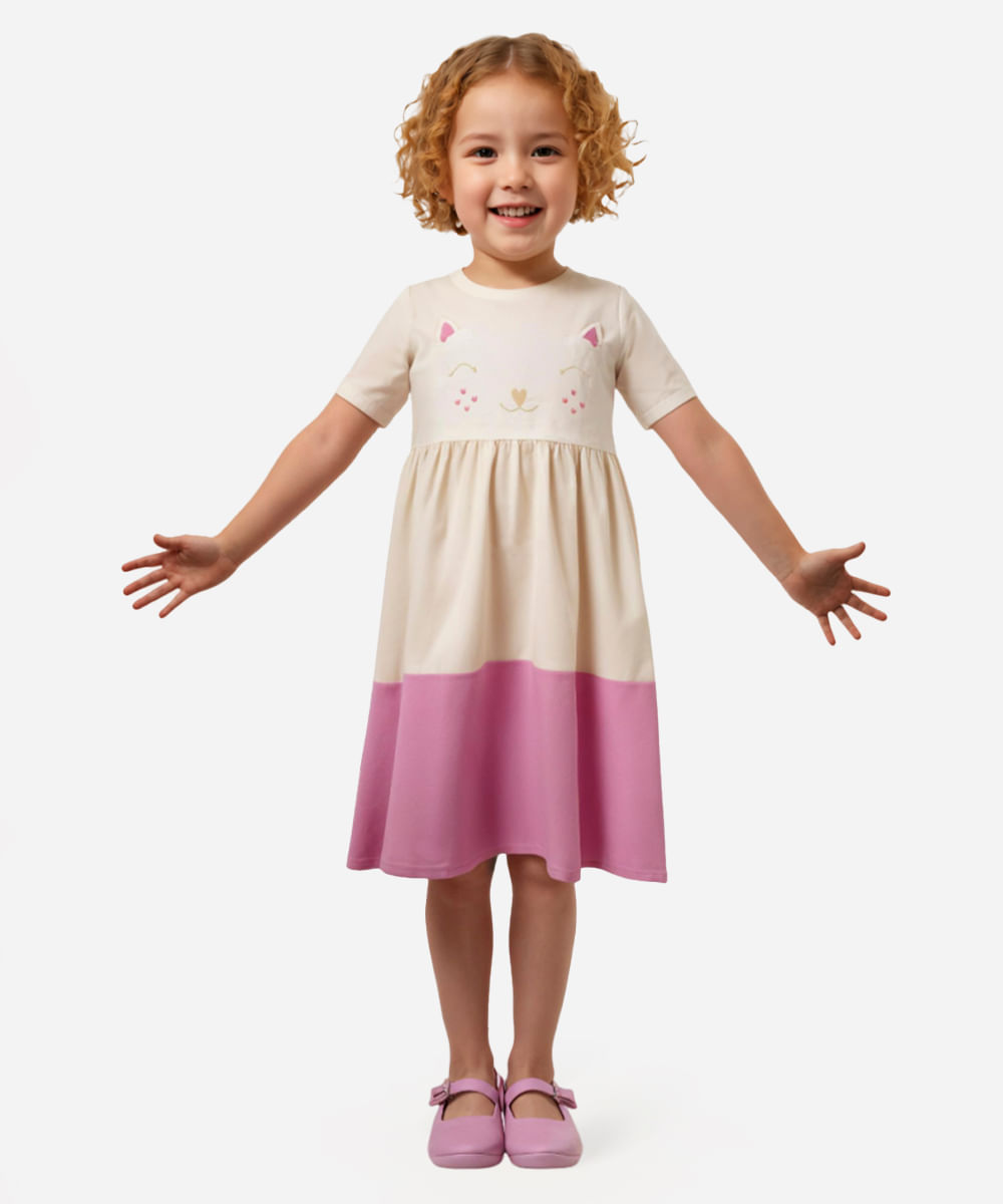 vestido midi infantil manga curta gatinha colorido