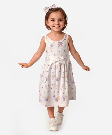 vestido infantil com laço floral off white