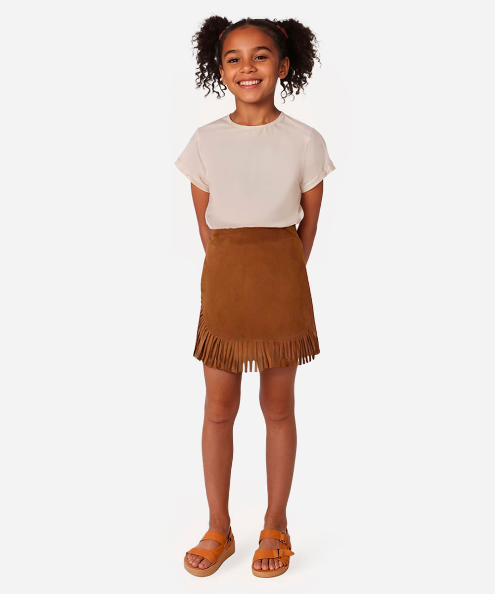 saia curta de suede infantil com franjas marrom