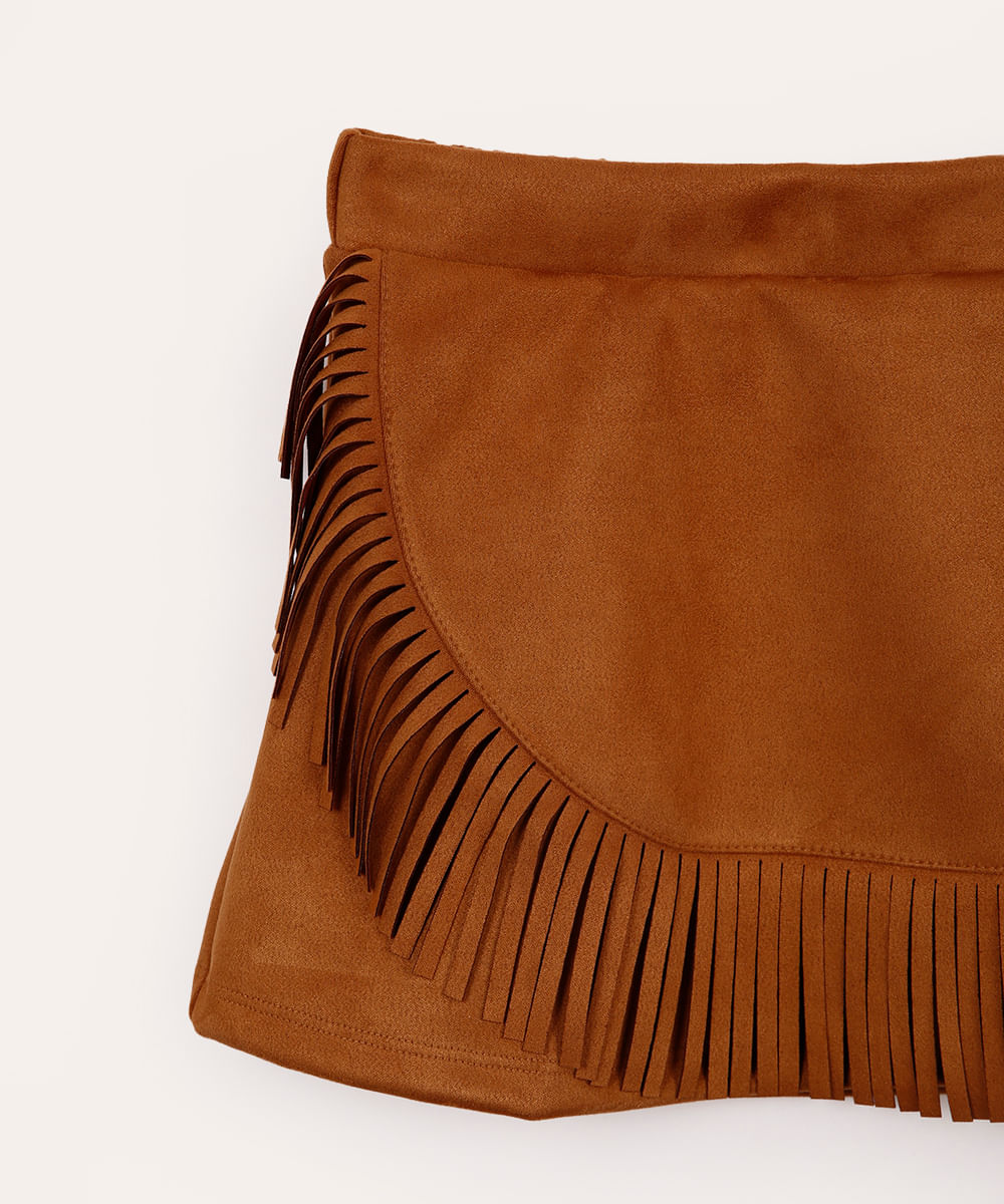 saia curta de suede infantil com franjas marrom