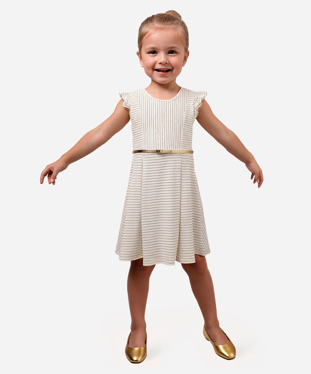 vestido infantil listrado com cinto off white