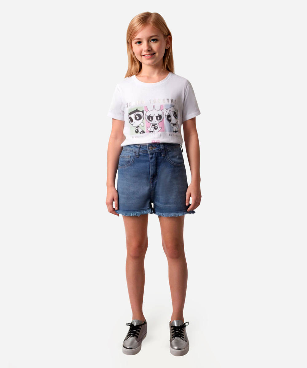 short jeans juvenil cintura alta com bolso  azul