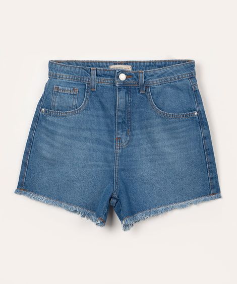 short jeans juvenil cintura alta com bolso  azul