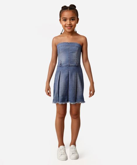 vestido evasê jeans com saia plissada juvenil azul