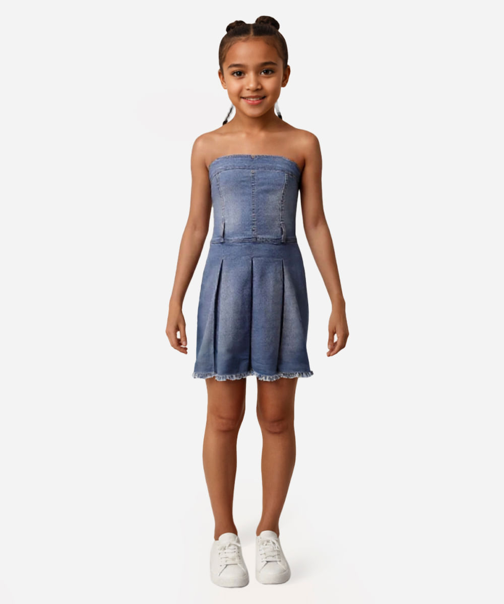 vestido evasê jeans com saia plissada juvenil azul