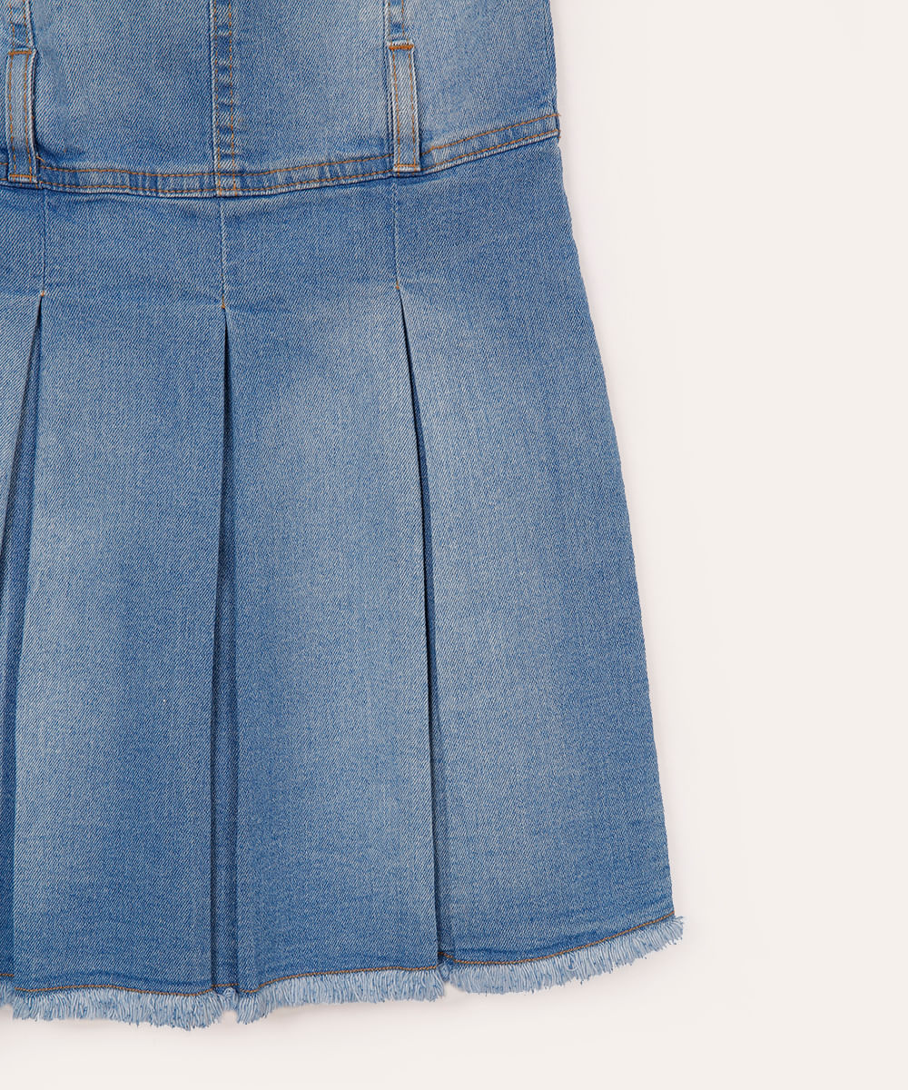 vestido evasê jeans com saia plissada juvenil azul