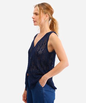 colete de tricot decote v azul