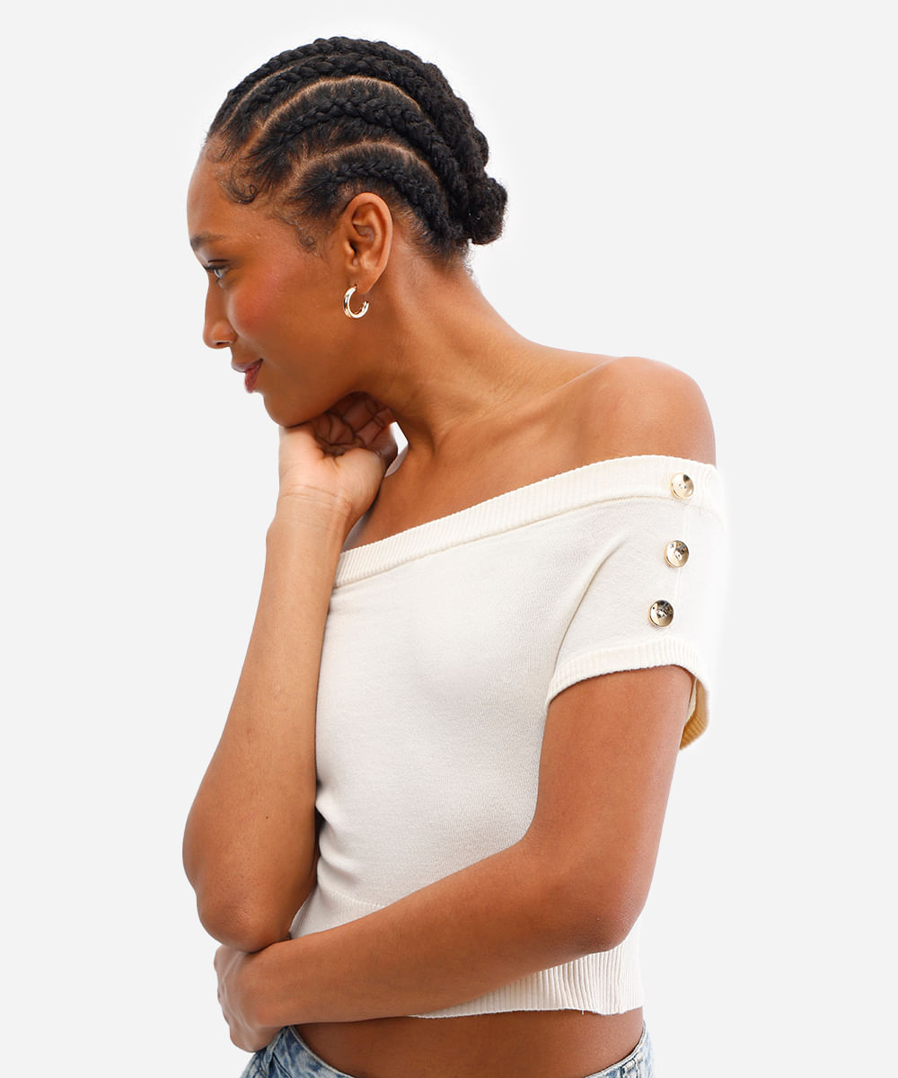 cropped feminino de tricot ombro a ombro off white