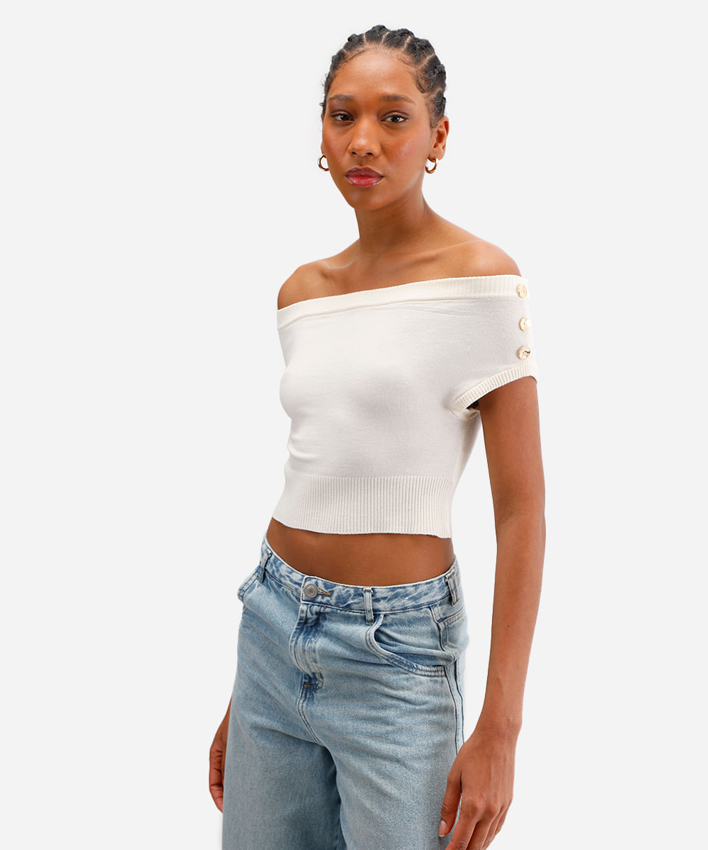 cropped feminino de tricot ombro a ombro off white