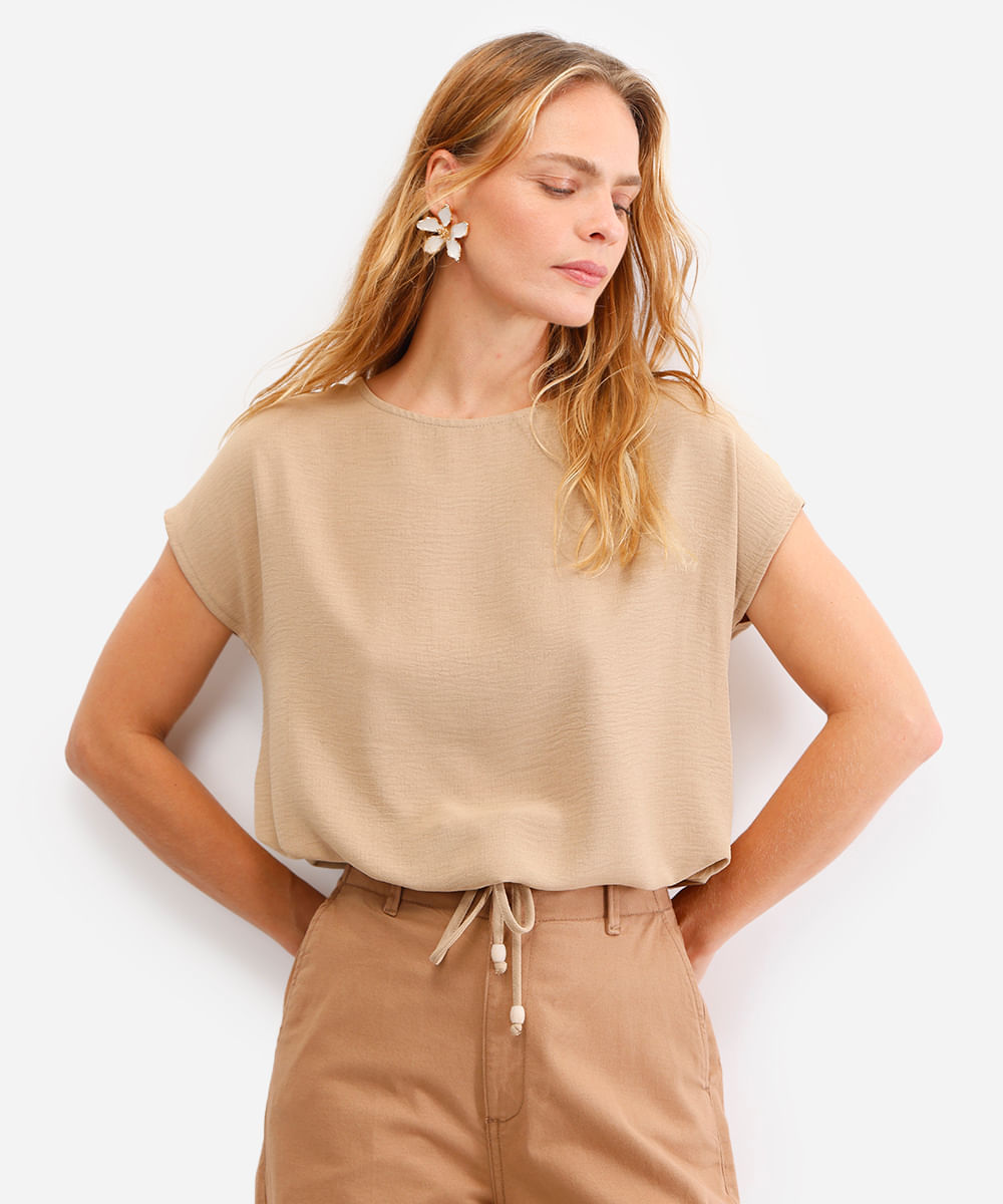 blusa feminina texturizada com amarração bege