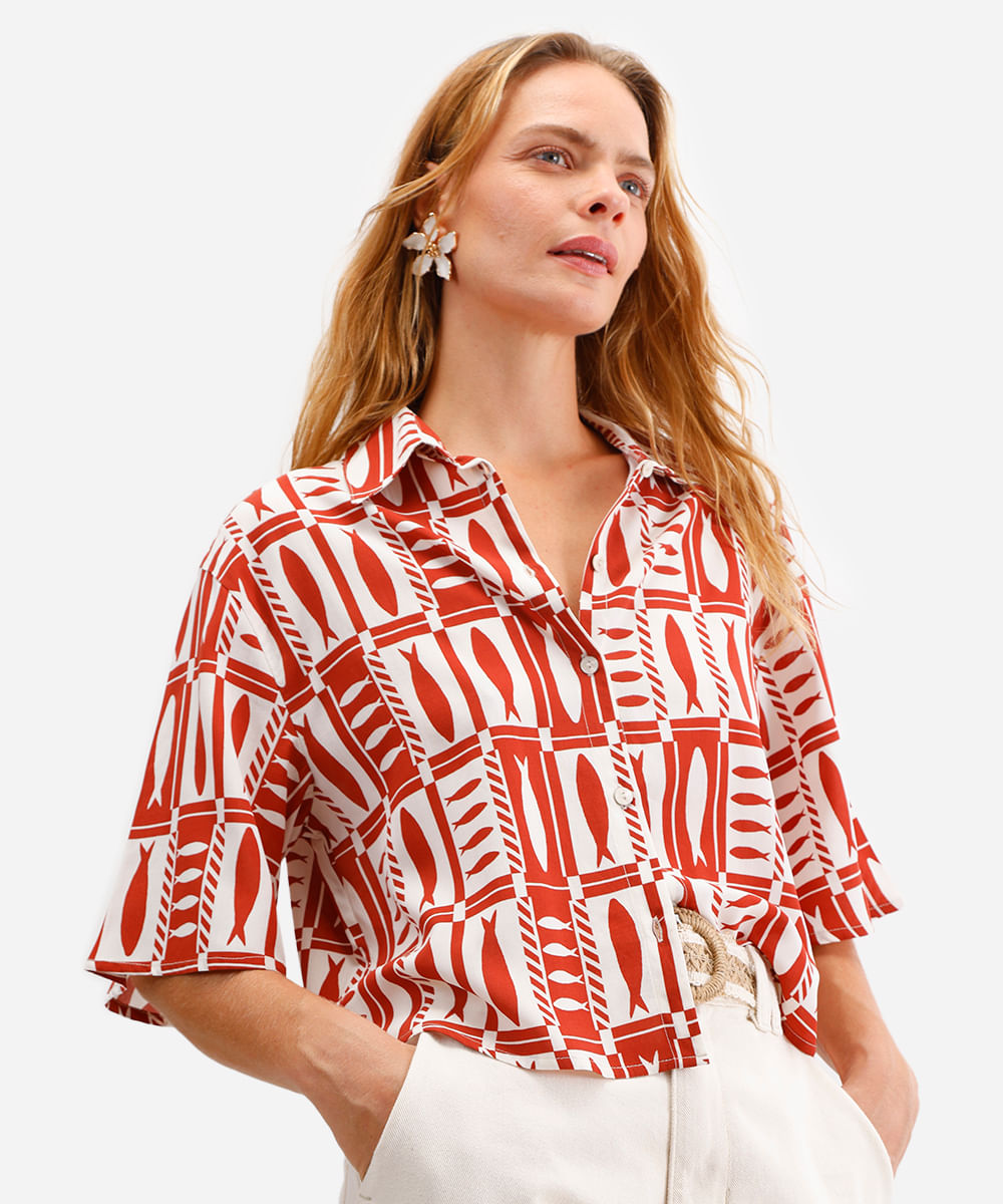 camisa feminina de viscose estampada laranja