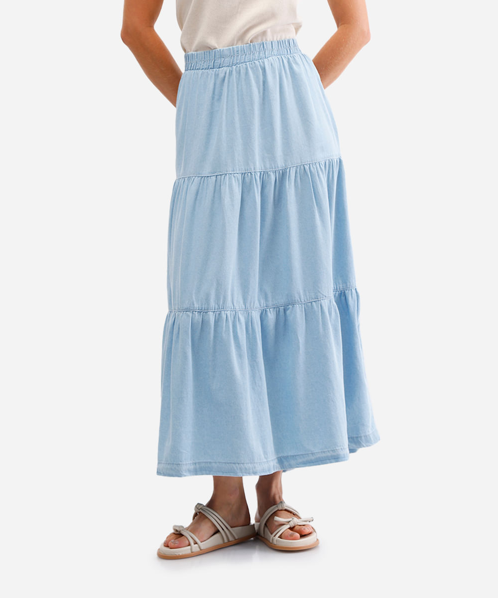 saia longa feminina jeans com recortes azul