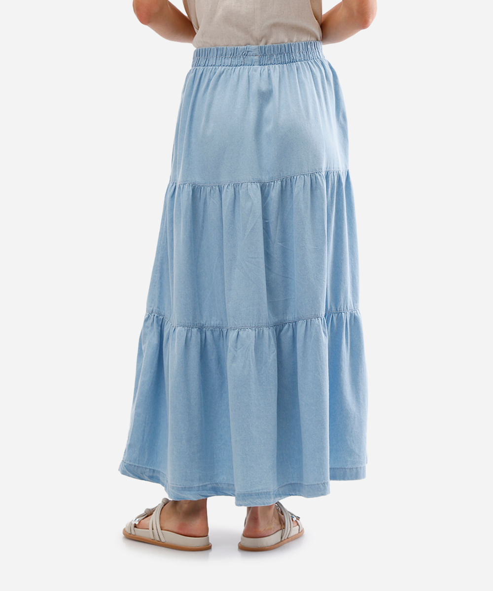 saia longa feminina jeans com recortes azul