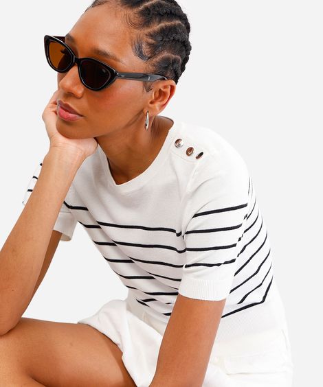 blusa feminina de tricot listrada off white