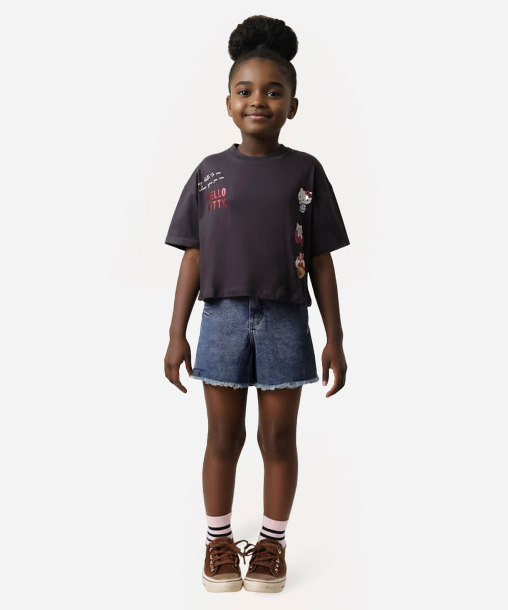 cropped juvenil de algodão hello kitty cinza