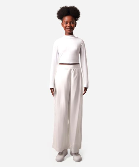 cropped de viscose juvenil canelado com recorte manga longa off white