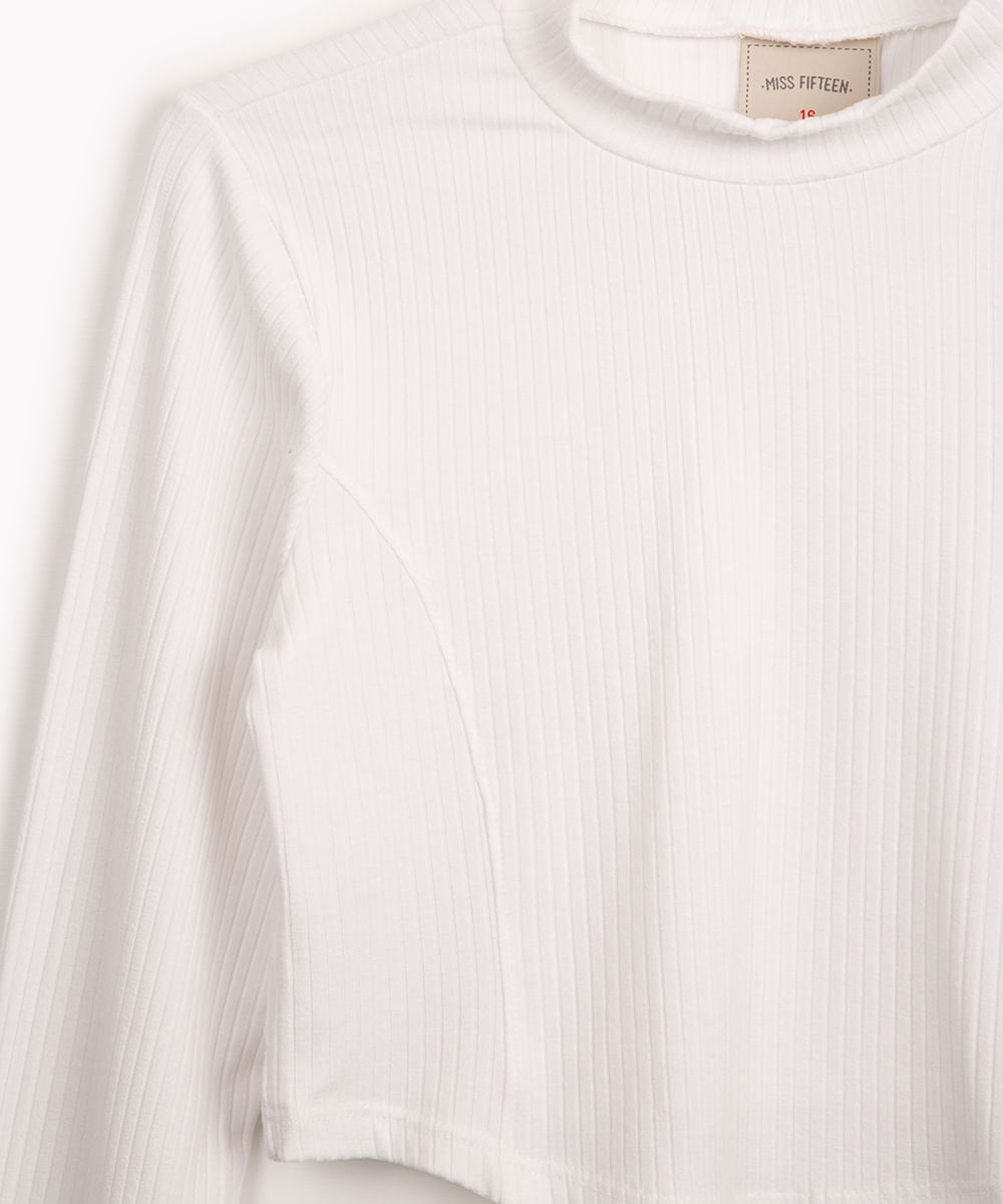 cropped de viscose juvenil canelado com recorte manga longa off white