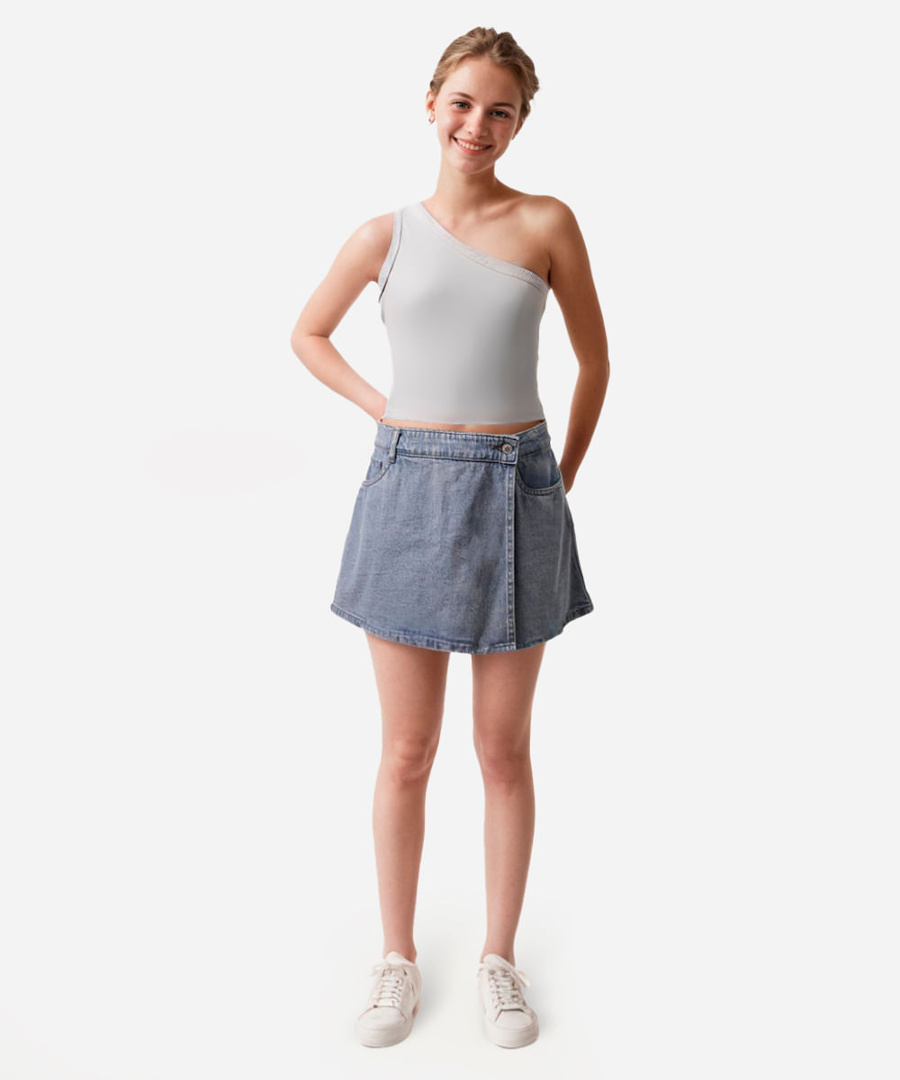 short saia jeans juvenil transpassado azul