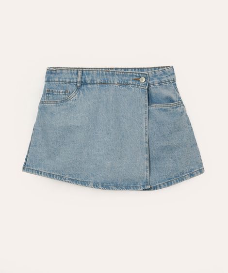 short saia jeans juvenil transpassado azul
