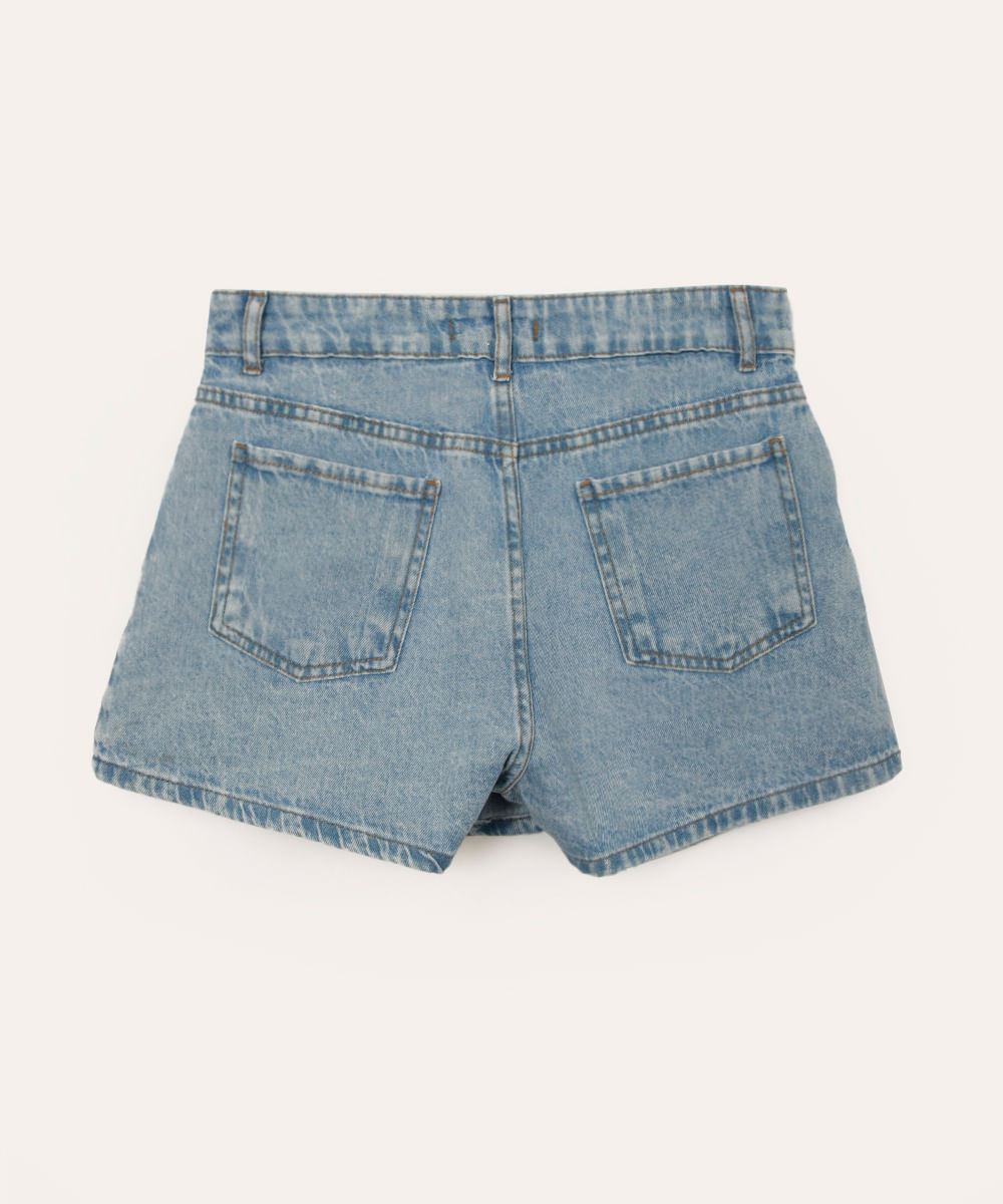 short saia jeans juvenil transpassado azul