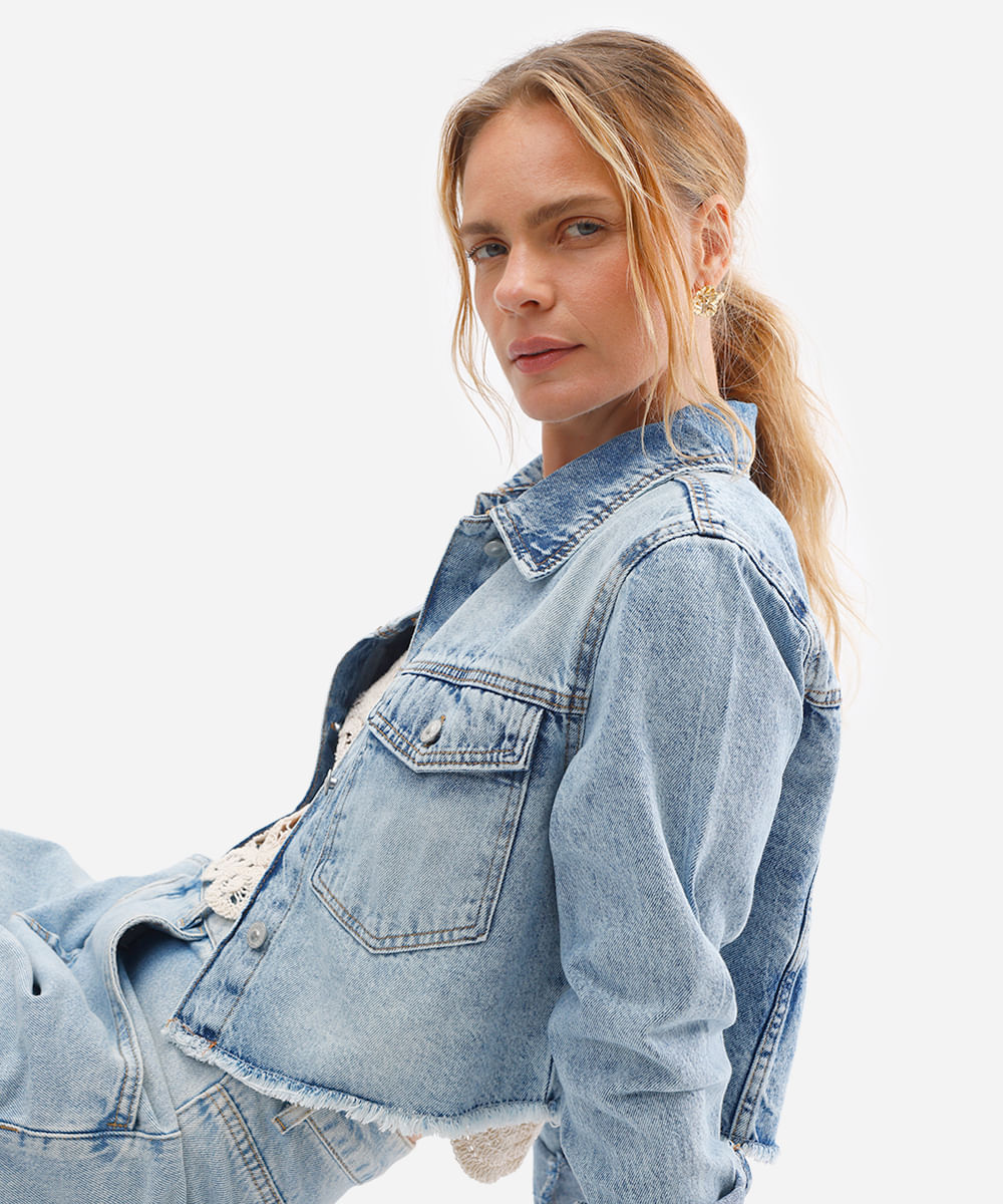 jaqueta cropped feminina jeans azul
