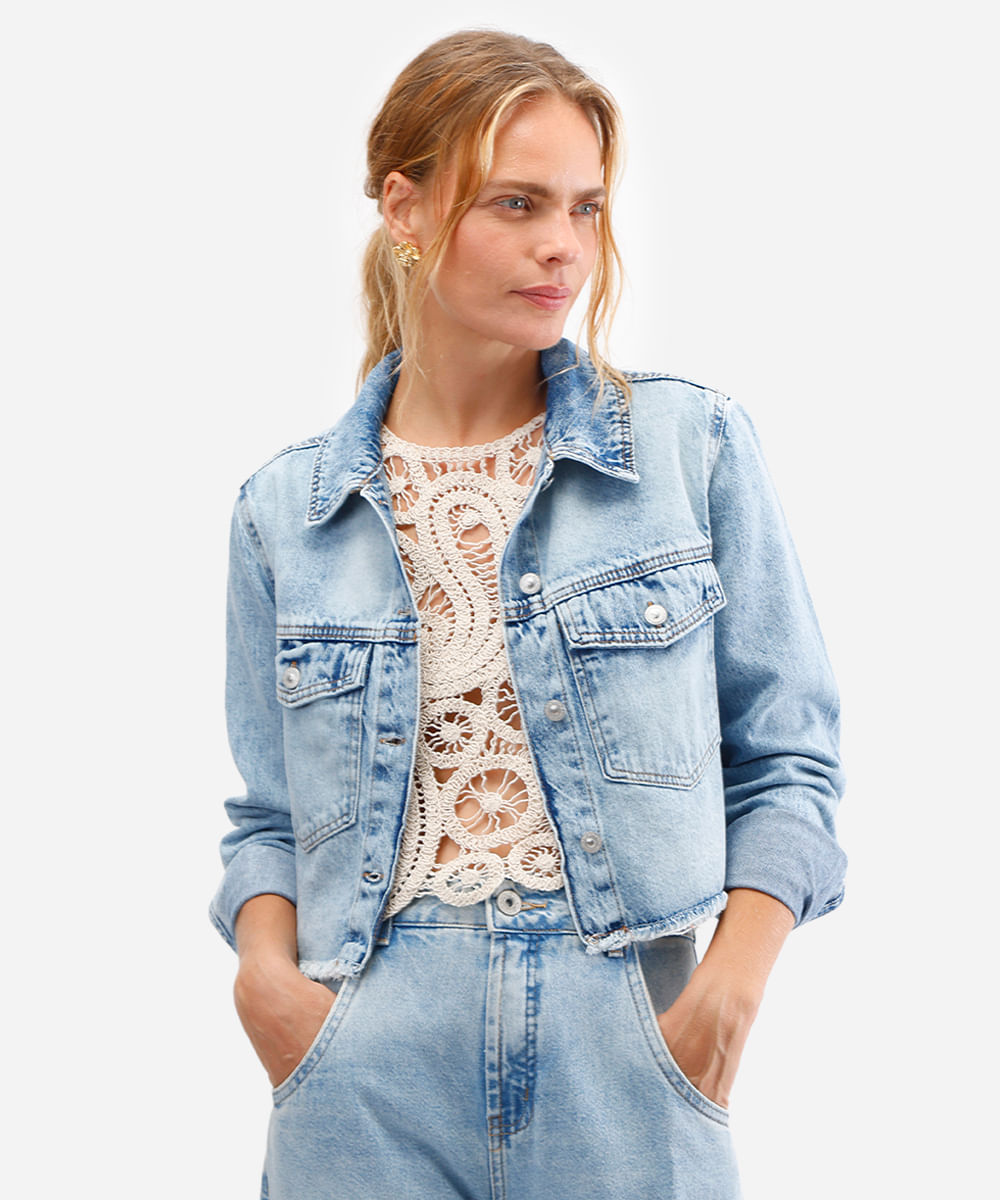jaqueta cropped feminina jeans azul